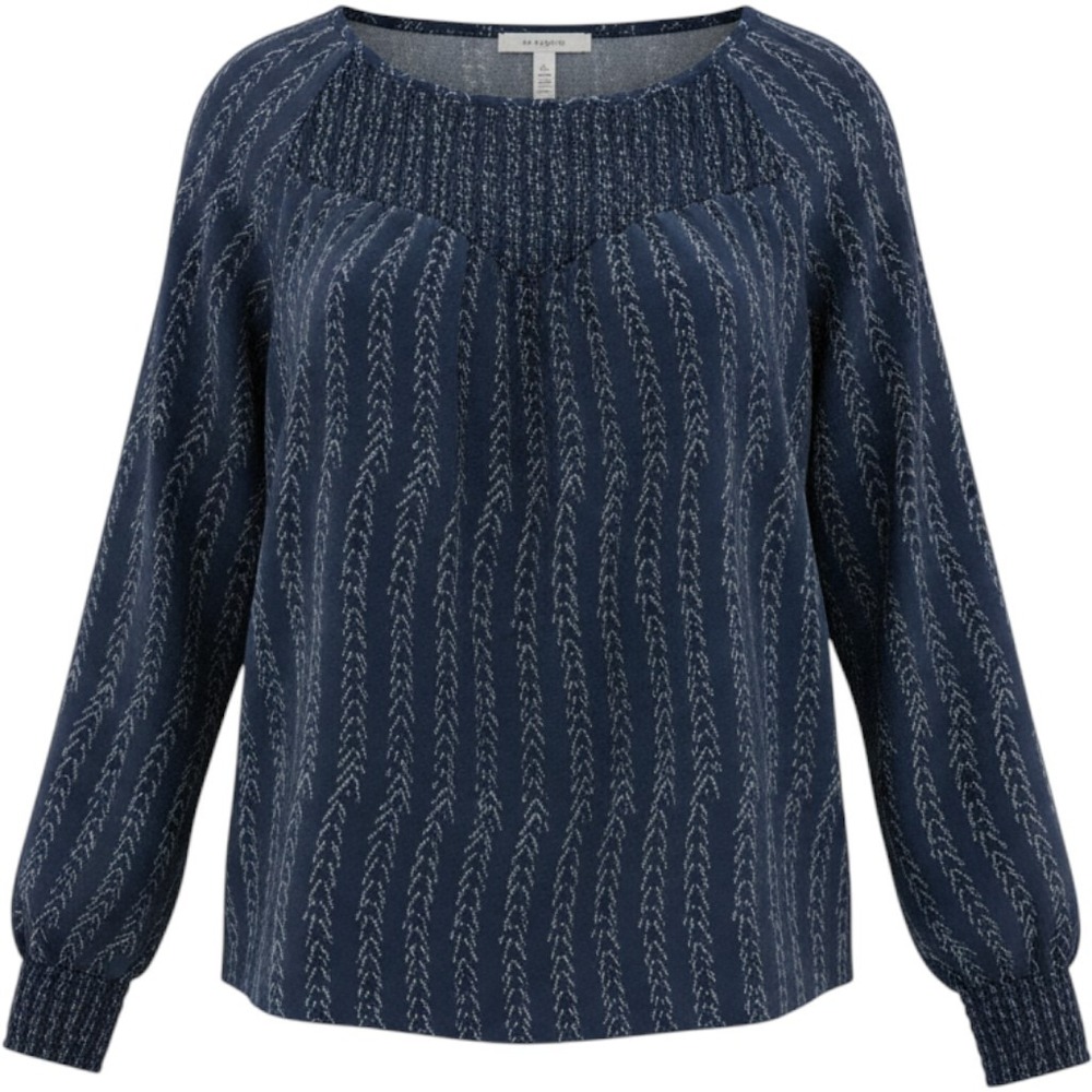 Lucky Brand Navy Blue White Smocked Long Sleeve Peasant Blouse Medium